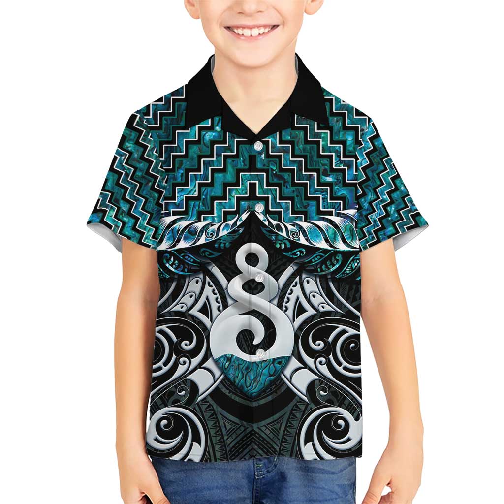 New Zealand Maori Family Matching Short Sleeve Bodycon Dress and Hawaiian Shirt Poutama Pikorua Turquoise Paua Shell LT05 Son's Shirt Turquoise - Polynesian Pride