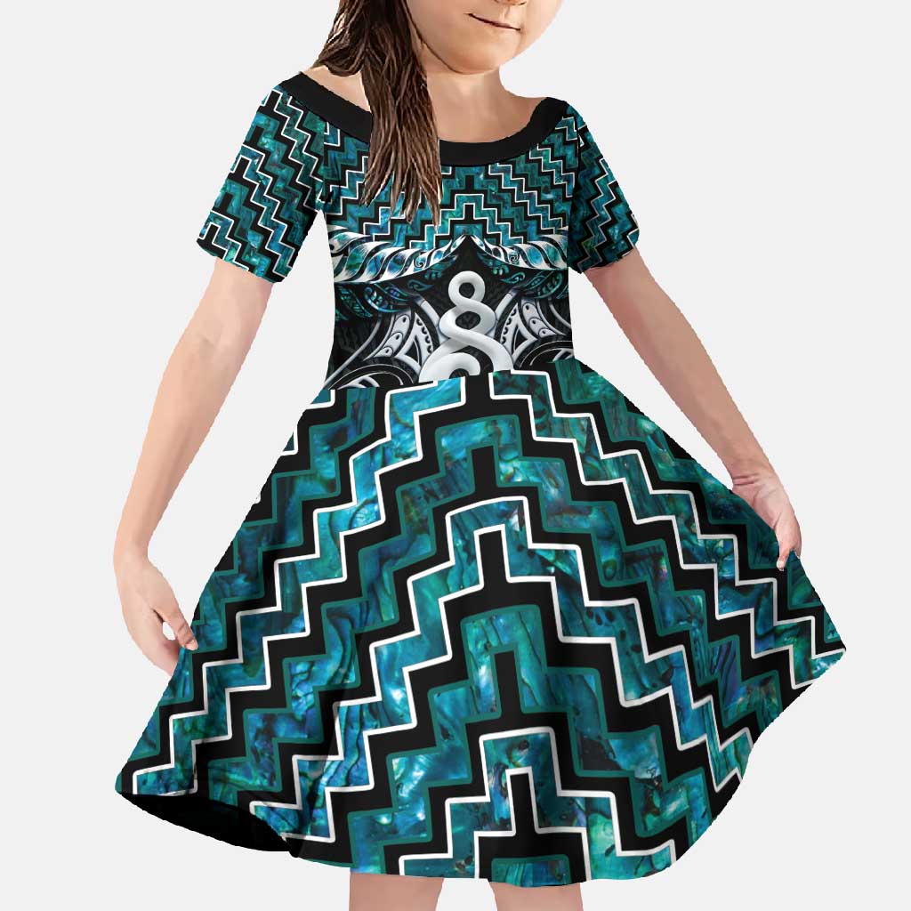 New Zealand Maori Family Matching Summer Maxi Dress and Hawaiian Shirt Poutama Pikorua Turquoise Paua Shell LT05 Daughter's Dress Turquoise - Polynesian Pride