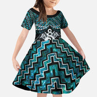 New Zealand Maori Family Matching Summer Maxi Dress and Hawaiian Shirt Poutama Pikorua Turquoise Paua Shell LT05 Daughter's Dress Turquoise - Polynesian Pride