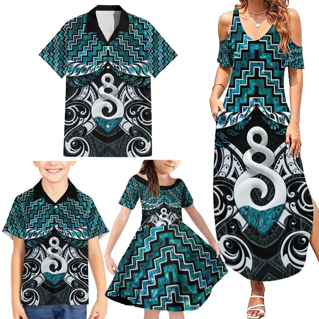 New Zealand Maori Family Matching Summer Maxi Dress and Hawaiian Shirt Poutama Pikorua Turquoise Paua Shell LT05 - Polynesian Pride