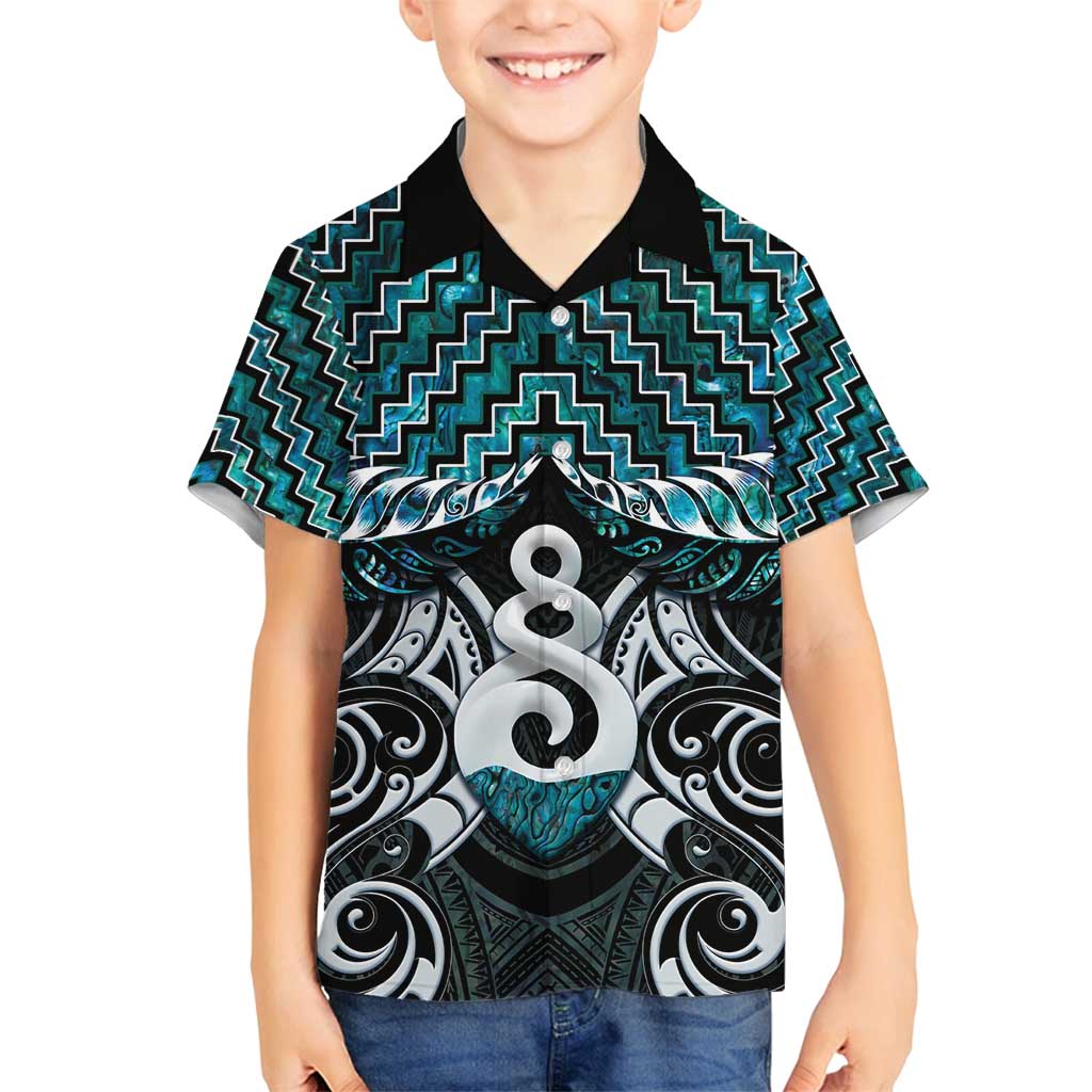 New Zealand Maori Family Matching Summer Maxi Dress and Hawaiian Shirt Poutama Pikorua Turquoise Paua Shell LT05 Son's Shirt Turquoise - Polynesian Pride