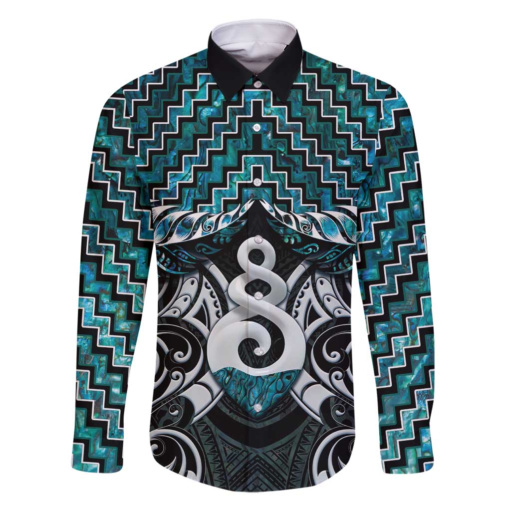 New Zealand Maori Family Matching Tank Maxi Dress and Hawaiian Shirt Poutama Pikorua Turquoise Paua Shell LT05 Dad's Shirt - Long Sleeve Turquoise - Polynesian Pride