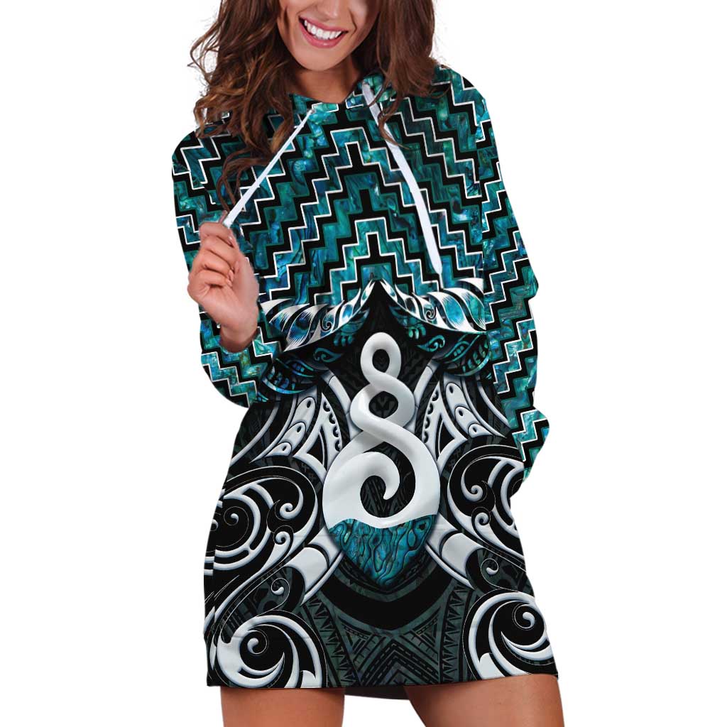 New Zealand Maori Hoodie Dress Poutama Pikorua Turquoise Paua Shell