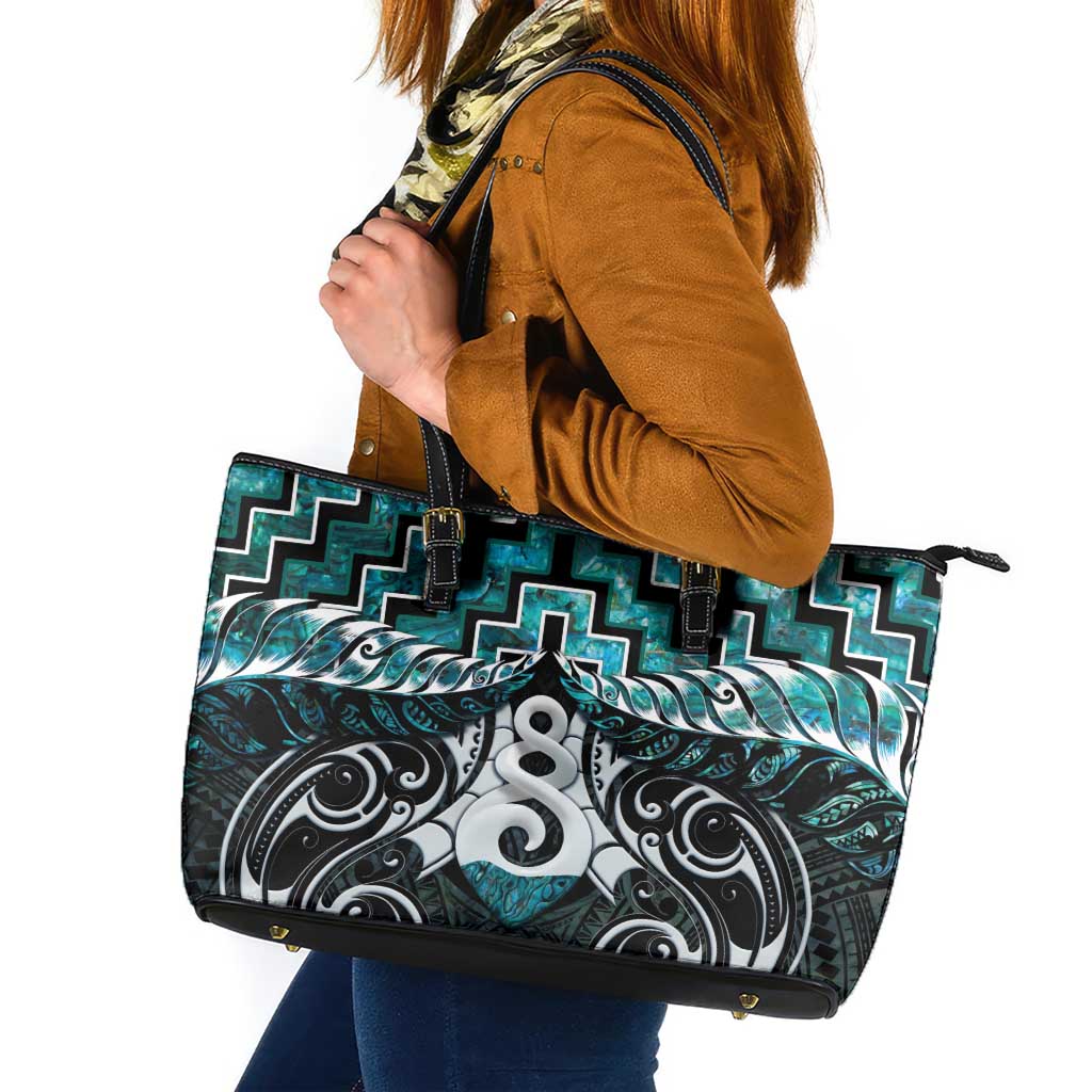 New Zealand Maori Leather Tote Bag Poutama Pikorua Turquoise Paua Shell LT05 Turquoise - Polynesian Pride