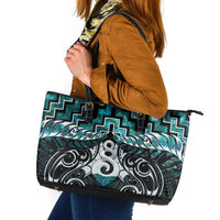 New Zealand Maori Leather Tote Bag Poutama Pikorua Turquoise Paua Shell LT05 Turquoise - Polynesian Pride
