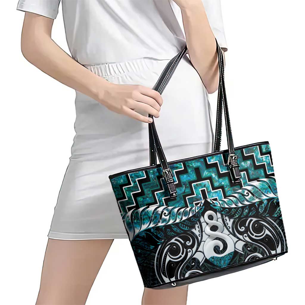 New Zealand Maori Leather Tote Bag Poutama Pikorua Turquoise Paua Shell LT05 - Polynesian Pride