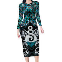 New Zealand Maori Long Sleeve Bodycon Dress Poutama Pikorua Turquoise Paua Shell LT05 Long Dress Turquoise - Polynesian Pride