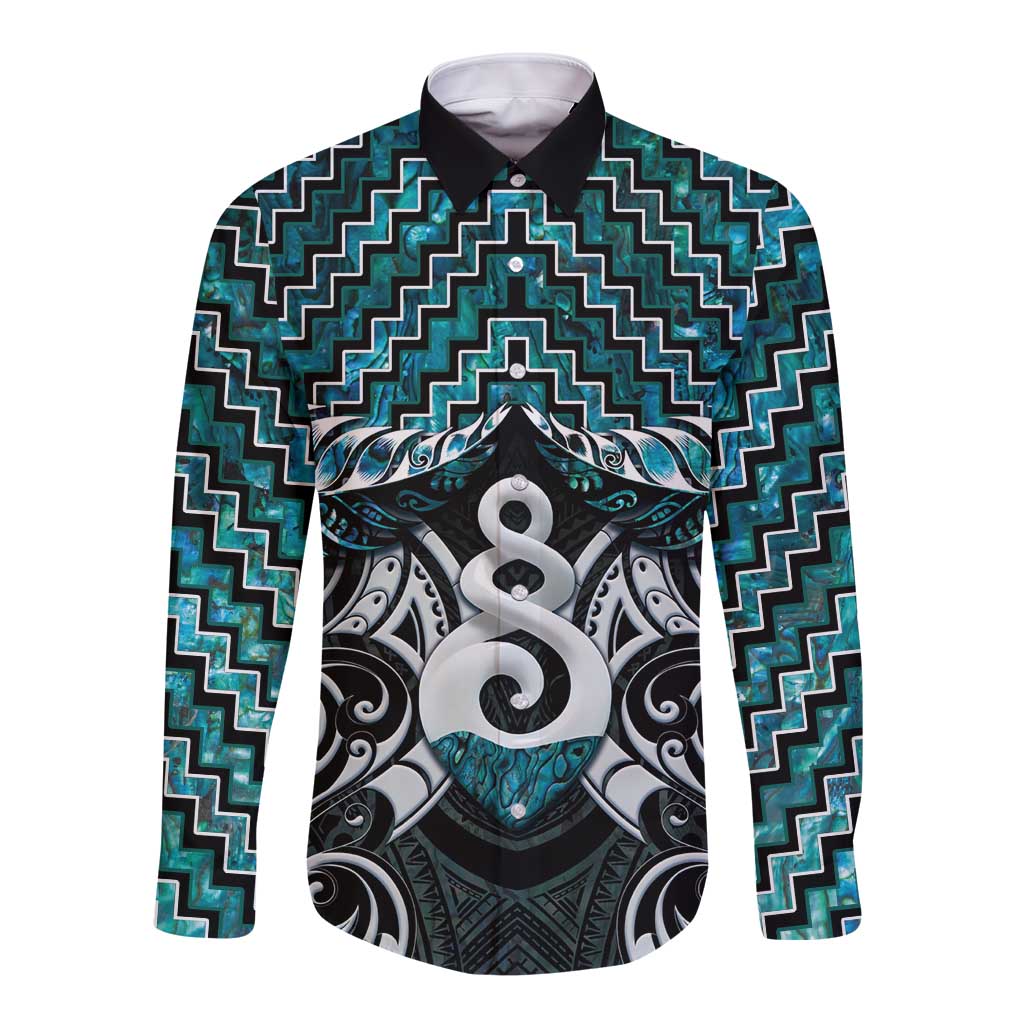 New Zealand Maori Long Sleeve Button Shirt Poutama Pikorua Turquoise Paua Shell