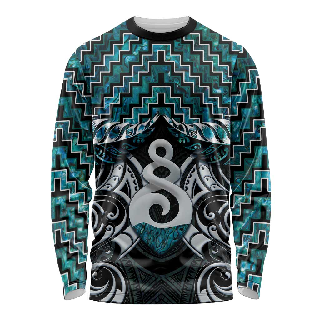 New Zealand Maori Long Sleeve Shirt Poutama Pikorua Turquoise Paua Shell