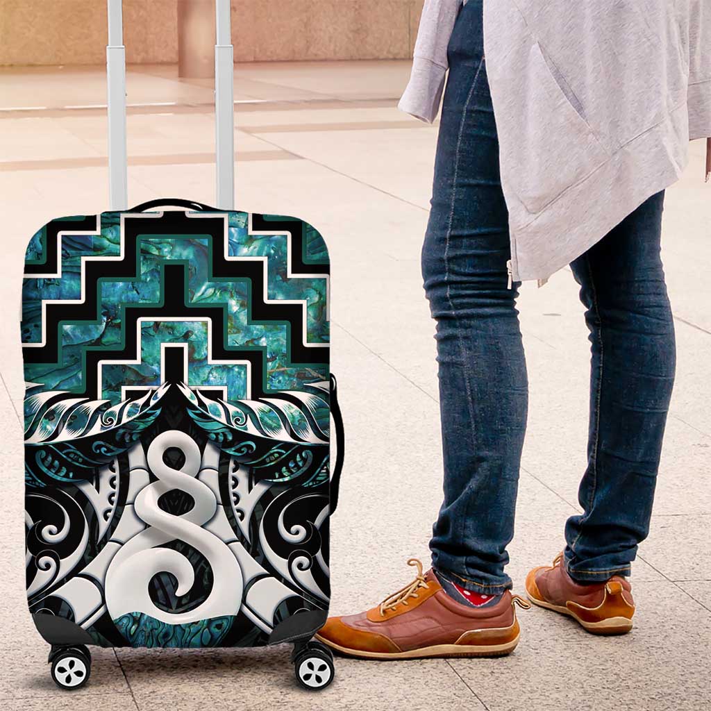 New Zealand Maori Luggage Cover Poutama Pikorua Turquoise Paua Shell