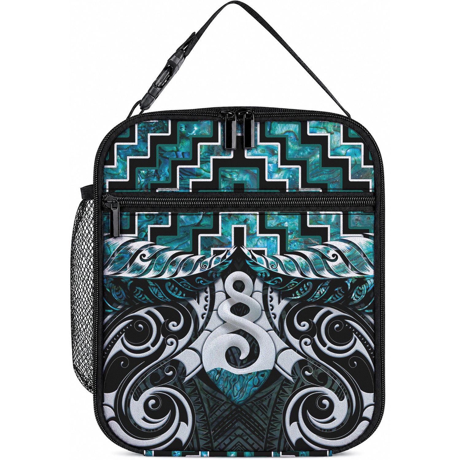 New Zealand Maori Lunch Bag Poutama Pikorua Turquoise Paua Shell