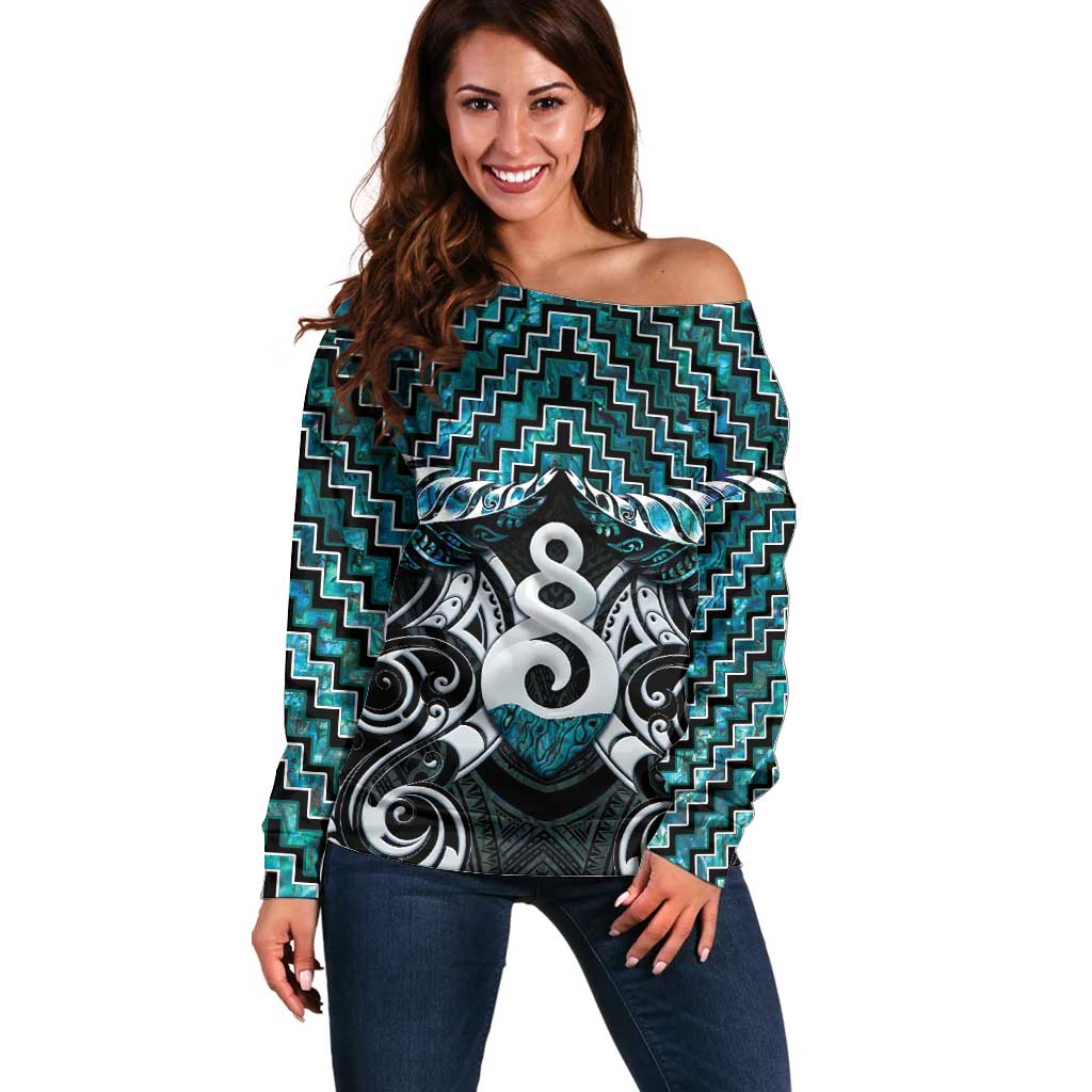 New Zealand Maori Off Shoulder Sweater Poutama Pikorua Turquoise Paua Shell