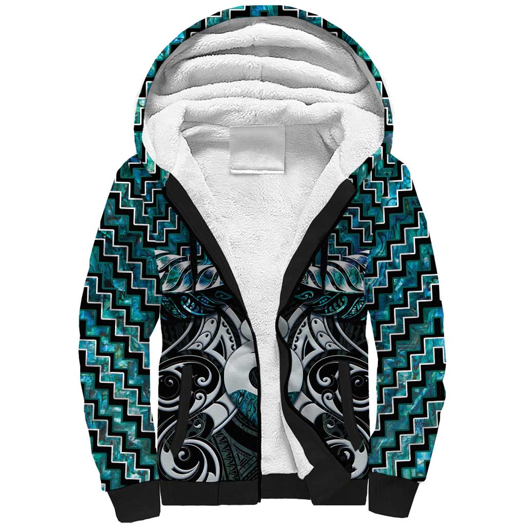 New Zealand Maori Sherpa Hoodie Poutama Pikorua Turquoise Paua Shell