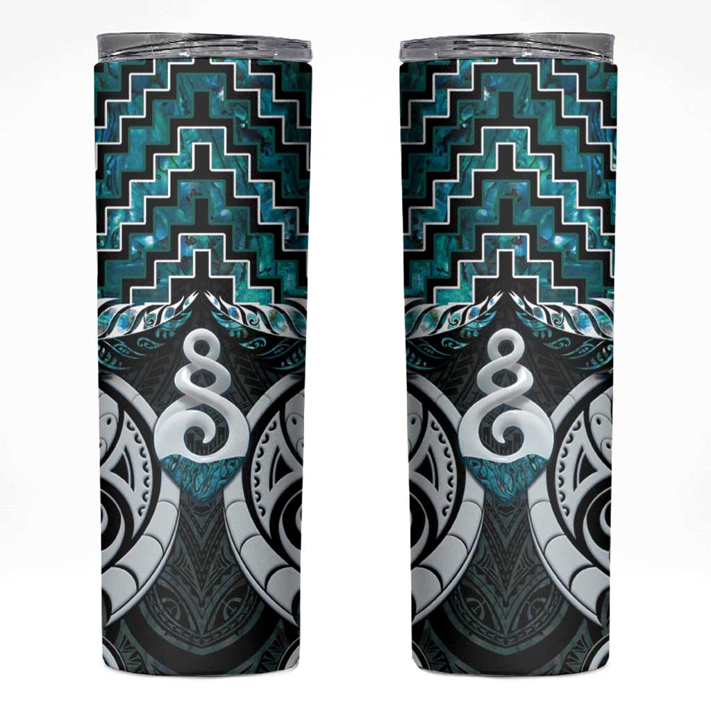 New Zealand Maori Skinny Tumbler Poutama Pikorua Turquoise Paua Shell