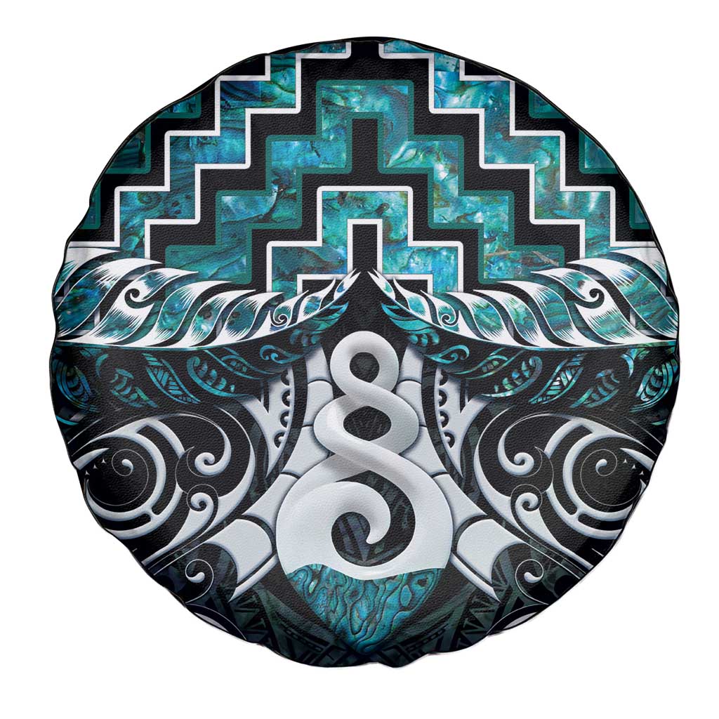 New Zealand Maori Spare Tire Cover Poutama Pikorua Turquoise Paua Shell