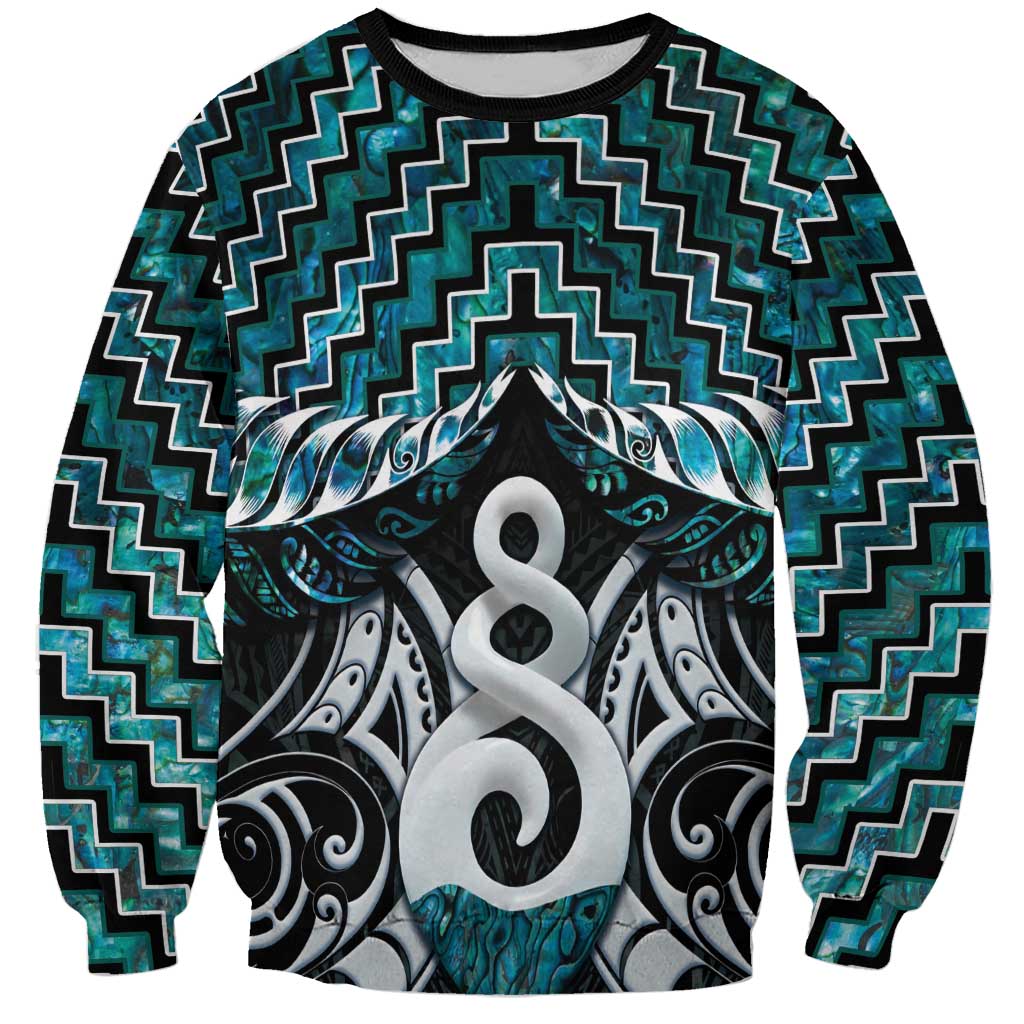New Zealand Maori Sweatshirt Poutama Pikorua Turquoise Paua Shell LT05 Unisex Turquoise - Polynesian Pride