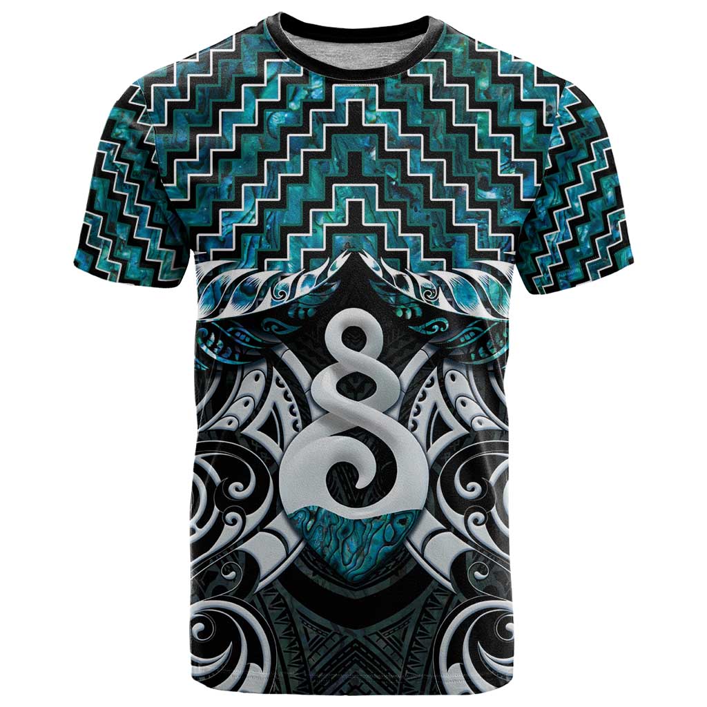 New Zealand Maori T Shirt Poutama Pikorua Turquoise Paua Shell