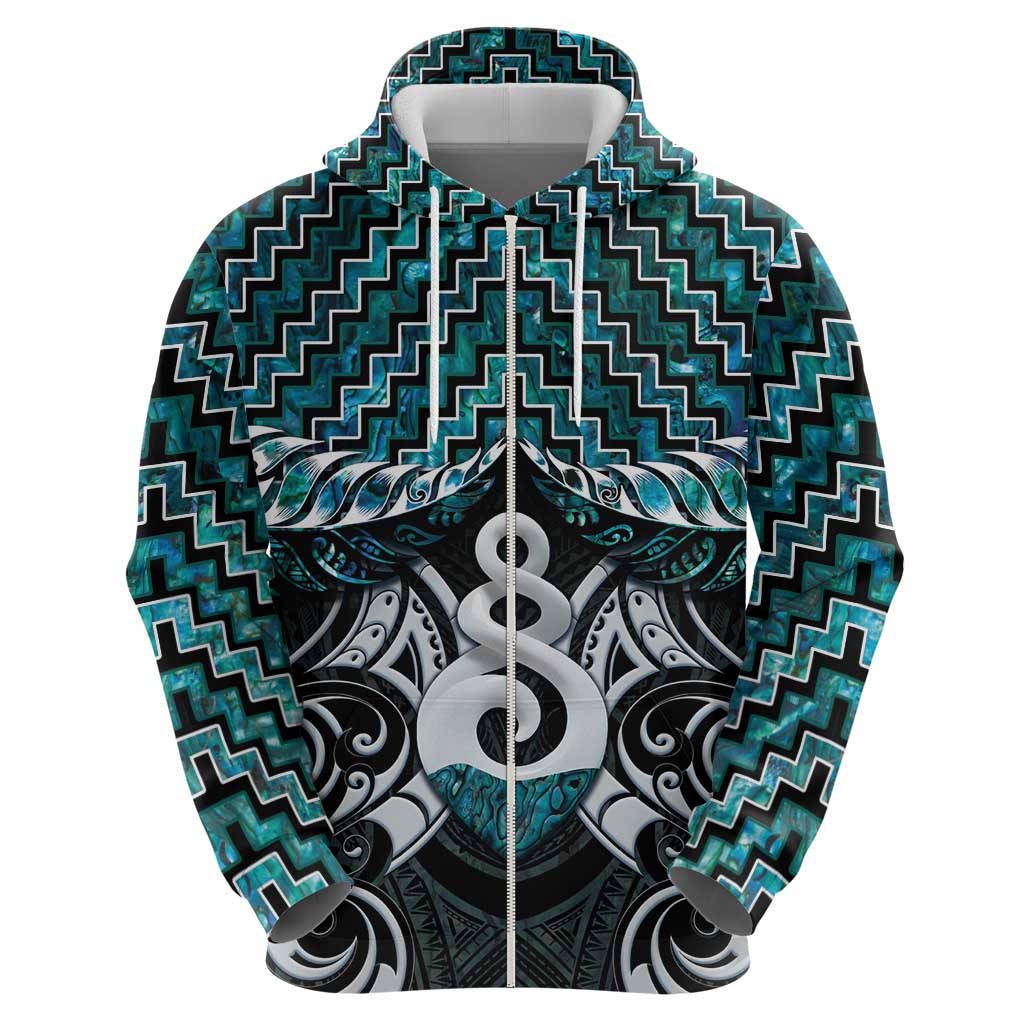 New Zealand Maori Zip Hoodie Poutama Pikorua Turquoise Paua Shell LT05 - Polynesian Pride
