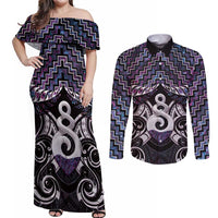 New Zealand Maori Couples Matching Off Shoulder Maxi Dress and Long Sleeve Button Shirt Poutama Pikorua Purple Paua Shell