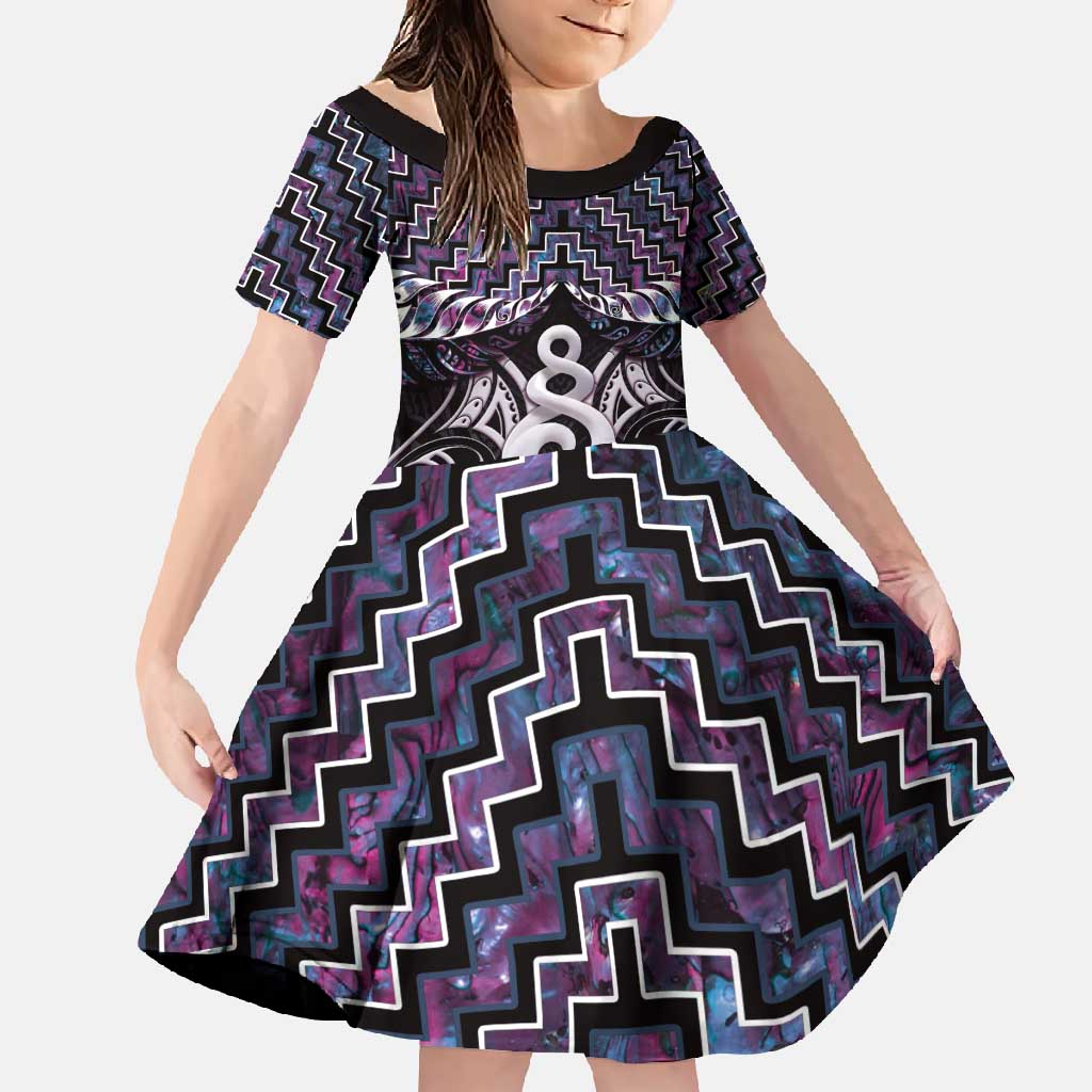 New Zealand Maori Family Matching Long Sleeve Bodycon Dress and Hawaiian Shirt Poutama Pikorua Purple Paua Shell LT05 Daughter's Dress Purple - Polynesian Pride