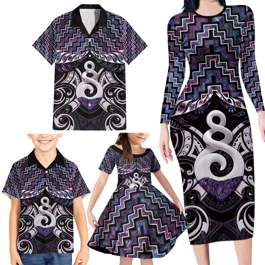 New Zealand Maori Family Matching Long Sleeve Bodycon Dress and Hawaiian Shirt Poutama Pikorua Purple Paua Shell LT05 - Polynesian Pride
