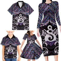 New Zealand Maori Family Matching Long Sleeve Bodycon Dress and Hawaiian Shirt Poutama Pikorua Purple Paua Shell LT05 - Polynesian Pride