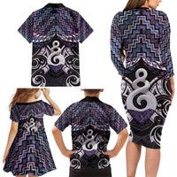 New Zealand Maori Family Matching Long Sleeve Bodycon Dress and Hawaiian Shirt Poutama Pikorua Purple Paua Shell LT05 - Polynesian Pride