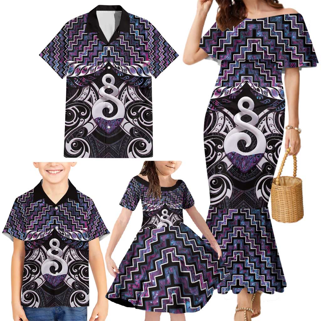 New Zealand Maori Family Matching Mermaid Dress and Hawaiian Shirt Poutama Pikorua Purple Paua Shell LT05 - Polynesian Pride