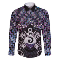 New Zealand Maori Family Matching Mermaid Dress and Hawaiian Shirt Poutama Pikorua Purple Paua Shell LT05 Dad's Shirt - Long Sleeve Purple - Polynesian Pride