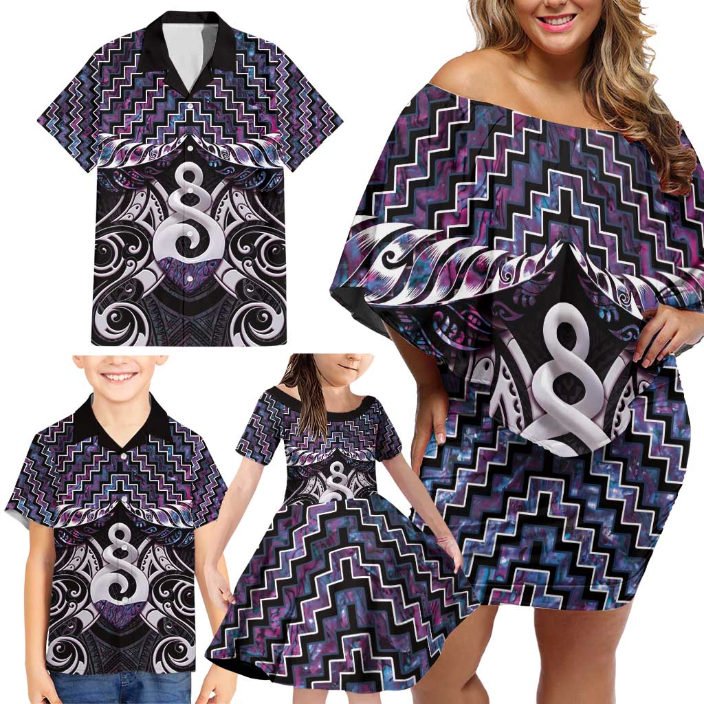 New Zealand Maori Family Matching Off Shoulder Short Dress and Hawaiian Shirt Poutama Pikorua Purple Paua Shell LT05 - Polynesian Pride