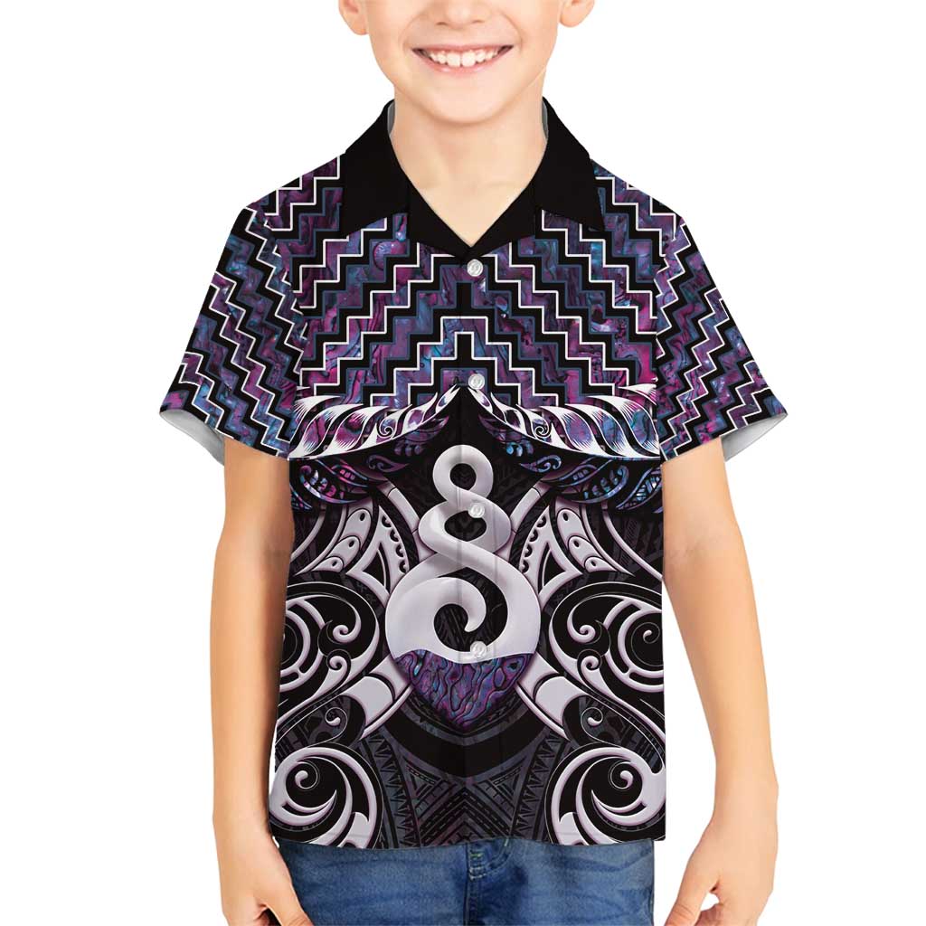 New Zealand Maori Family Matching Off Shoulder Short Dress and Hawaiian Shirt Poutama Pikorua Purple Paua Shell LT05 Son's Shirt Purple - Polynesian Pride