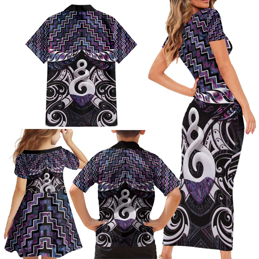 New Zealand Maori Family Matching Short Sleeve Bodycon Dress and Hawaiian Shirt Poutama Pikorua Purple Paua Shell LT05 - Polynesian Pride