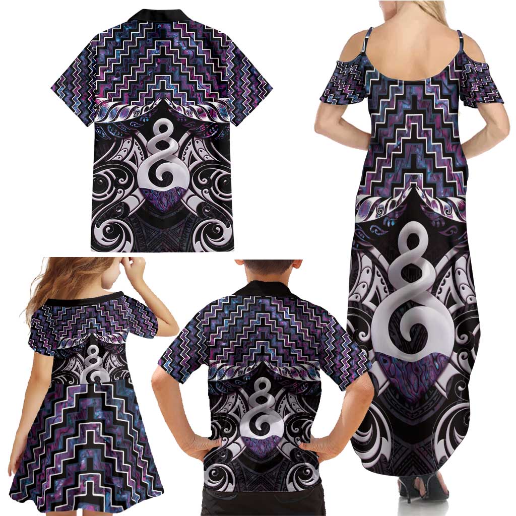 New Zealand Maori Family Matching Summer Maxi Dress and Hawaiian Shirt Poutama Pikorua Purple Paua Shell LT05 - Polynesian Pride
