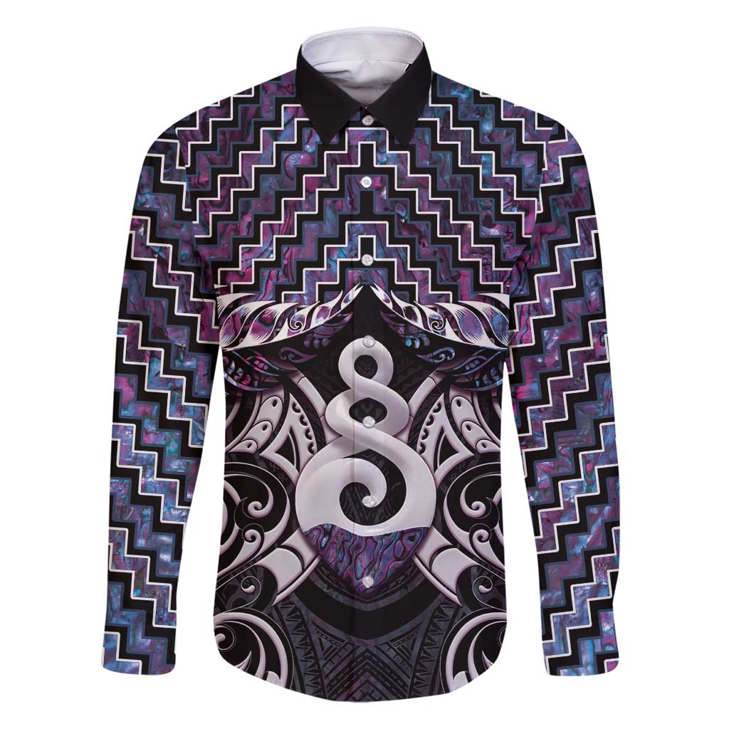 New Zealand Maori Family Matching Tank Maxi Dress and Hawaiian Shirt Poutama Pikorua Purple Paua Shell LT05 Dad's Shirt - Long Sleeve Purple - Polynesian Pride