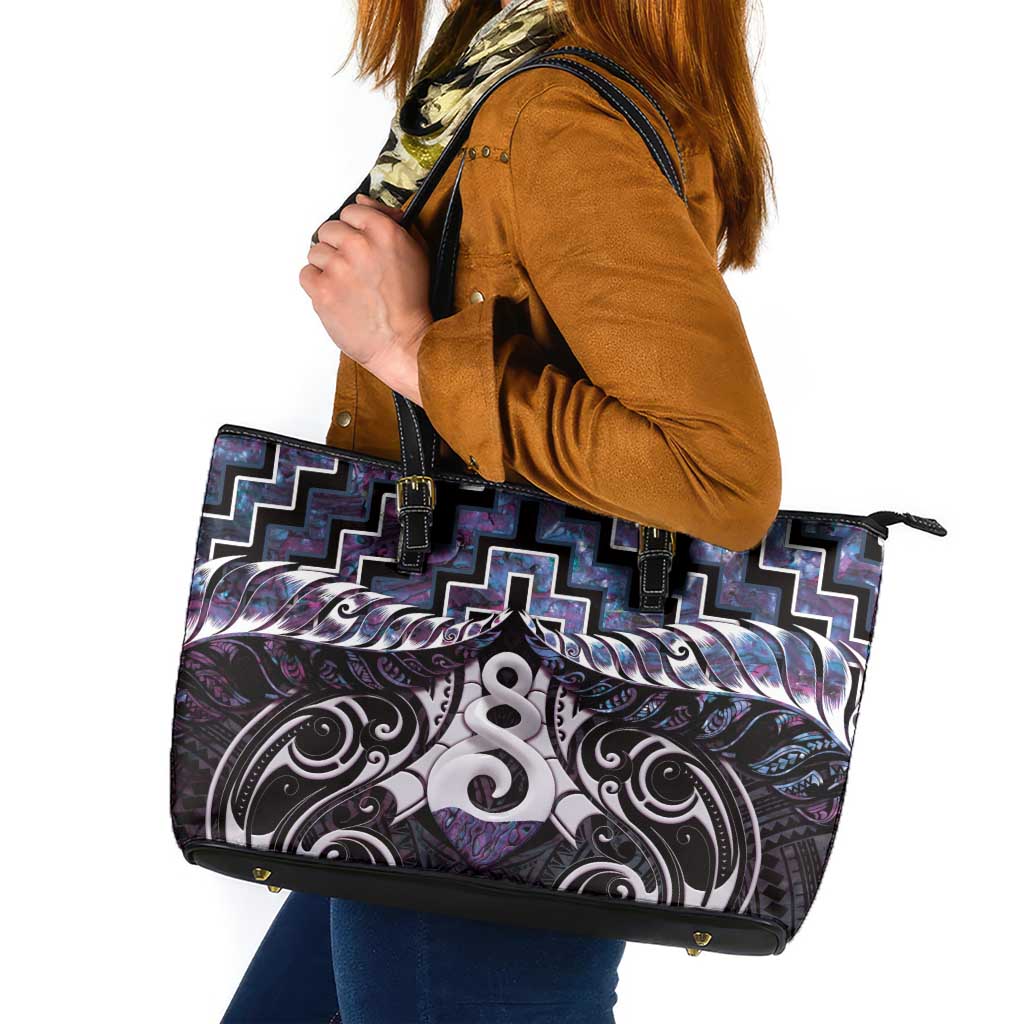 New Zealand Maori Leather Tote Bag Poutama Pikorua Purple Paua Shell