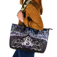 New Zealand Maori Leather Tote Bag Poutama Pikorua Purple Paua Shell LT05 Purple - Polynesian Pride