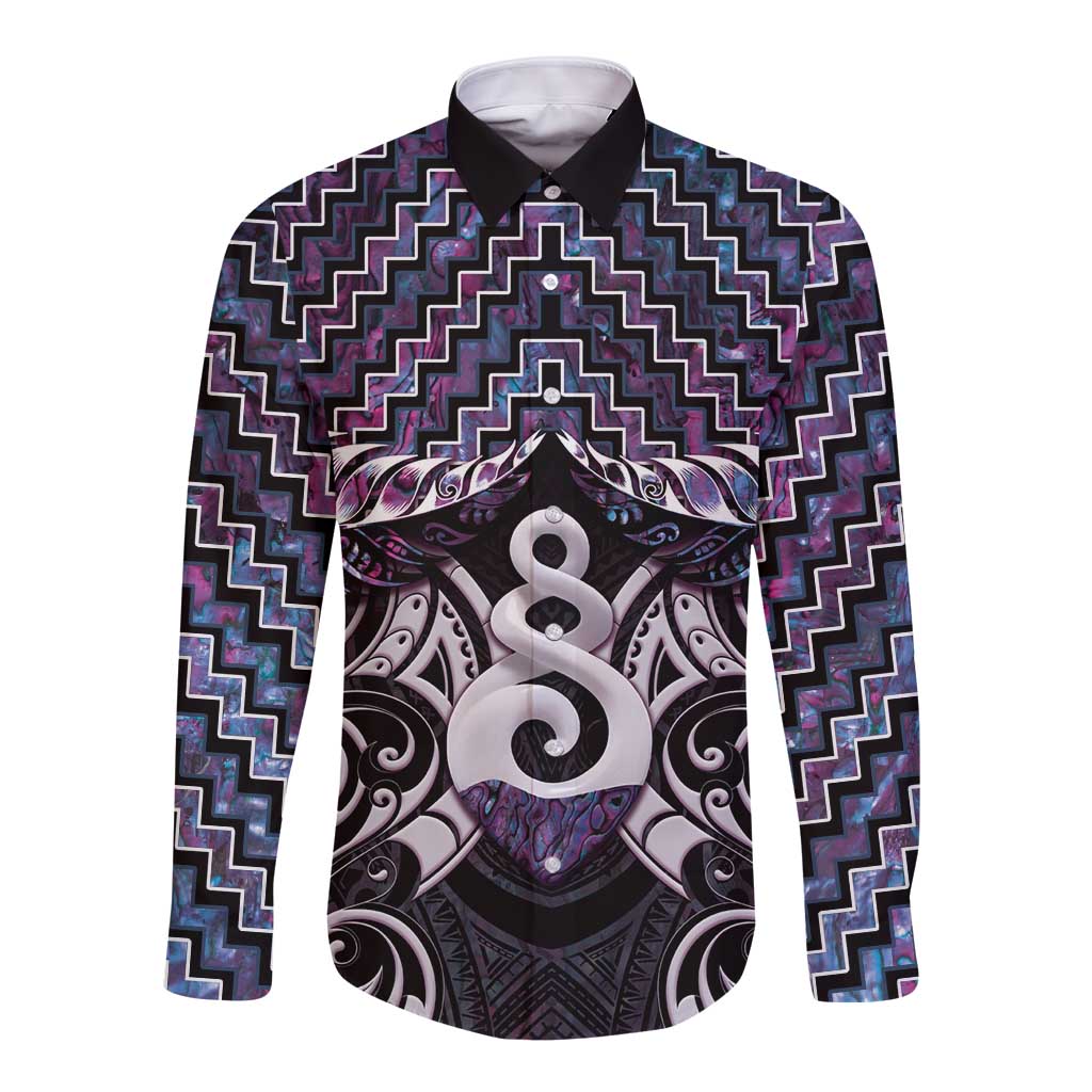 New Zealand Maori Long Sleeve Button Shirt Poutama Pikorua Purple Paua Shell