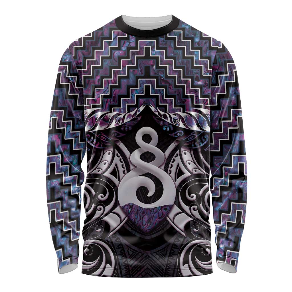 New Zealand Maori Long Sleeve Shirt Poutama Pikorua Purple Paua Shell