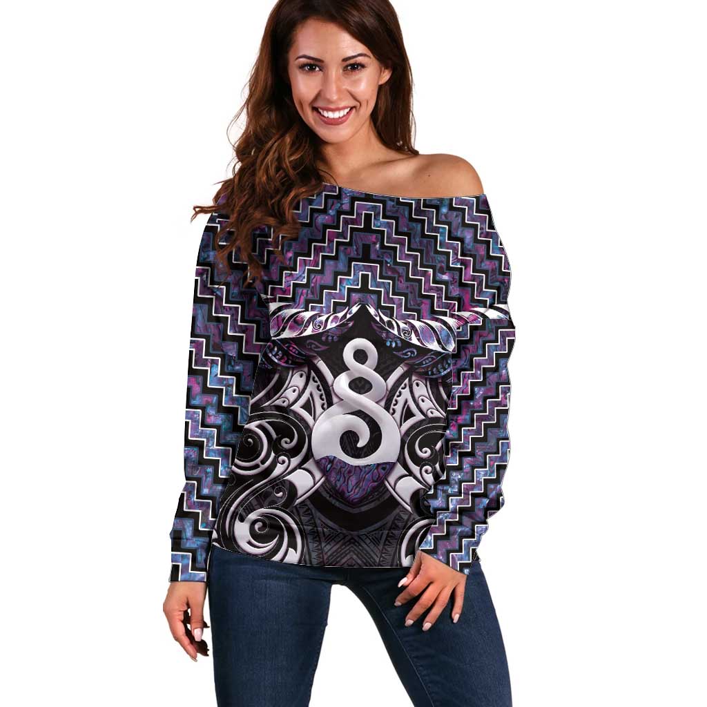 New Zealand Maori Off Shoulder Sweater Poutama Pikorua Purple Paua Shell