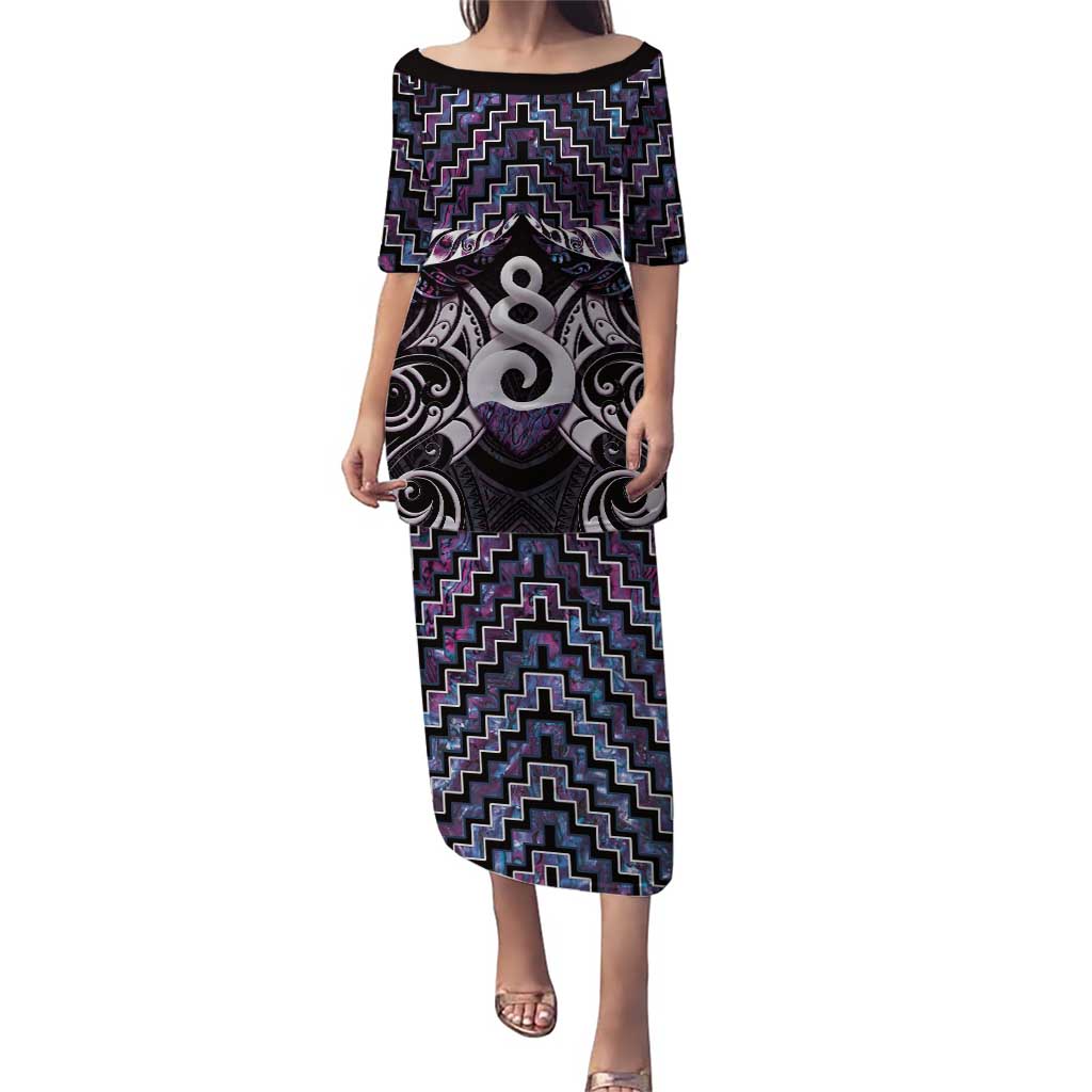 New Zealand Maori Puletasi Poutama Pikorua Purple Paua Shell LT05 Long Dress Purple - Polynesian Pride