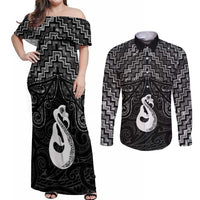 New Zealand Maori Couples Matching Off Shoulder Maxi Dress and Long Sleeve Button Shirt Poutama Manaia Black Paua Shell
