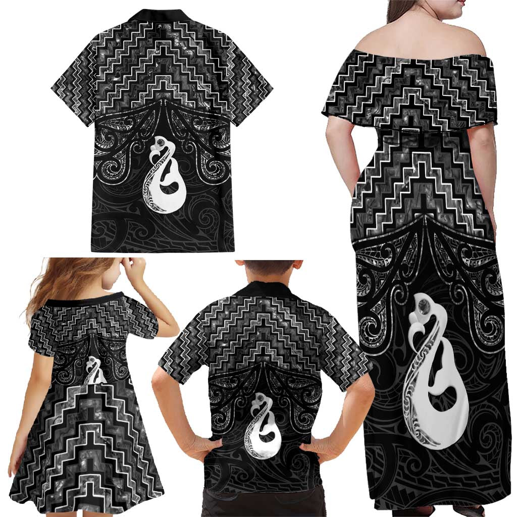 New Zealand Maori Family Matching Off Shoulder Maxi Dress and Hawaiian Shirt Poutama Manaia Black Paua Shell LT05 - Polynesian Pride