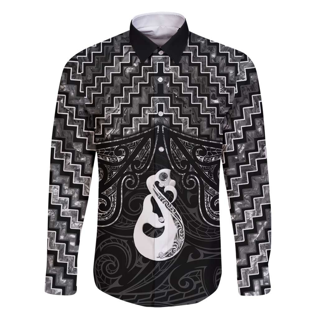New Zealand Maori Family Matching Off Shoulder Short Dress and Hawaiian Shirt Poutama Manaia Black Paua Shell LT05 Dad's Shirt - Long Sleeve Black - Polynesian Pride