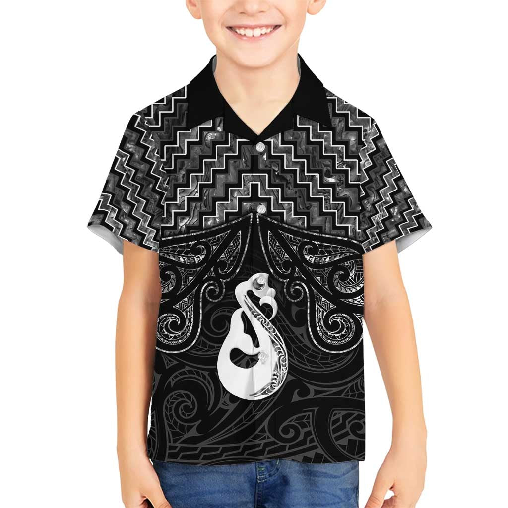 New Zealand Maori Family Matching Off Shoulder Short Dress and Hawaiian Shirt Poutama Manaia Black Paua Shell LT05 Son's Shirt Black - Polynesian Pride