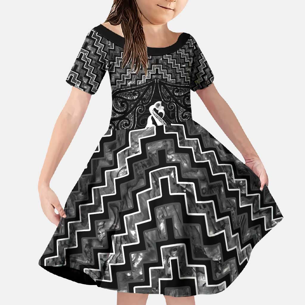 New Zealand Maori Family Matching Short Sleeve Bodycon Dress and Hawaiian Shirt Poutama Manaia Black Paua Shell LT05 Daughter's Dress Black - Polynesian Pride