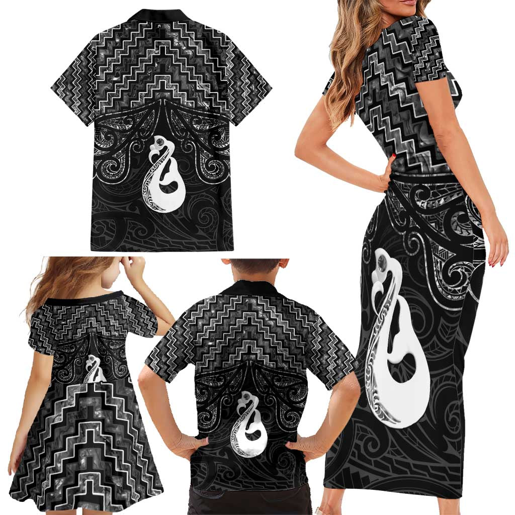 New Zealand Maori Family Matching Short Sleeve Bodycon Dress and Hawaiian Shirt Poutama Manaia Black Paua Shell LT05 - Polynesian Pride