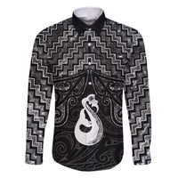 New Zealand Maori Family Matching Summer Maxi Dress and Hawaiian Shirt Poutama Manaia Black Paua Shell LT05 Dad's Shirt - Long Sleeve Black - Polynesian Pride