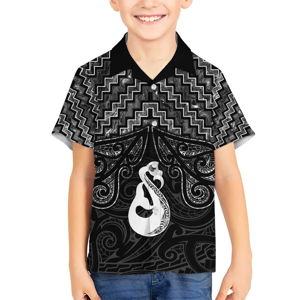 New Zealand Maori Kid Hawaiian Shirt Poutama Manaia Black Paua Shell LT05 Kid Black - Polynesian Pride