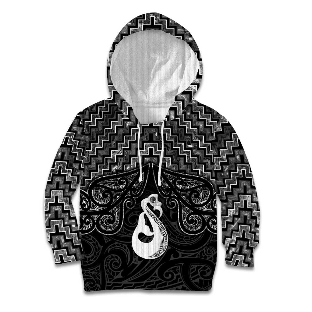 New Zealand Maori Kid Hoodie Poutama Manaia Black Paua Shell