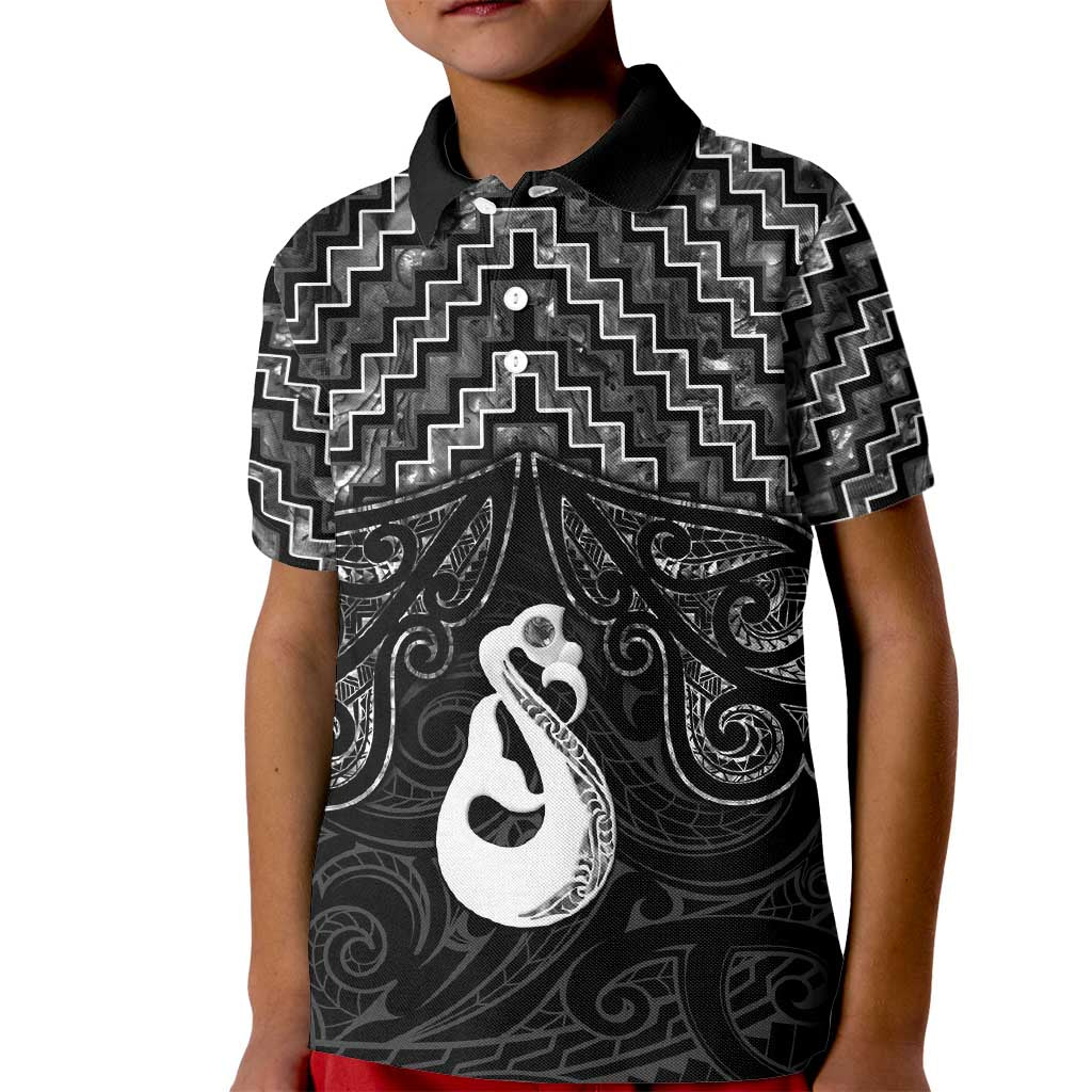 New Zealand Maori Kid Polo Shirt Poutama Manaia Black Paua Shell LT05 Kid Black - Polynesian Pride